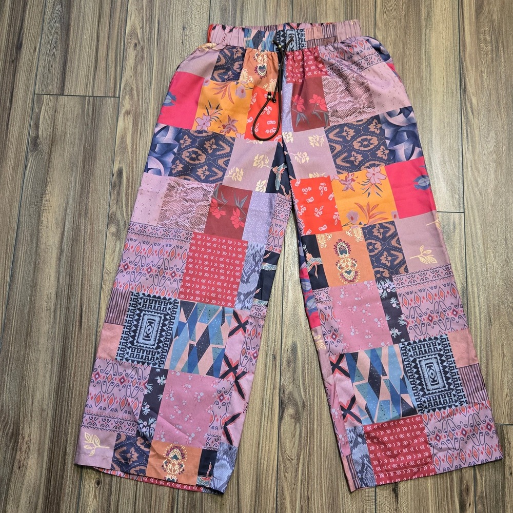 Patchwork Print Wide Leg Pants Multicolor Boho Elastic Waist Drawstring Large - Picture 2 of 10
